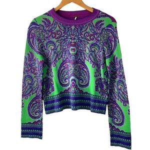 Free People New Age Crop Boho Pullover Sweater Top Size Small Crewneck 6610